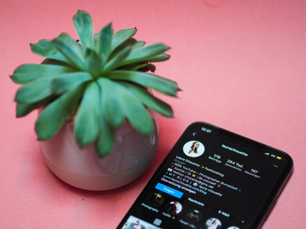 smartphone screen opened to instagram page on a pink table next to plant