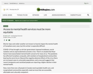 Screenshot of York Region website with article discussing how access to mental health services must be more equitable.