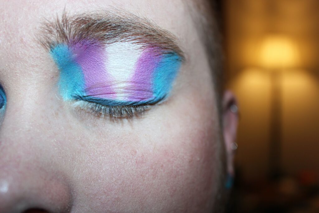 closeup of an eyelid with purple, white and blue makeup on
