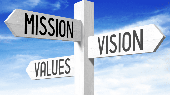 Signs that say mission, values and vision