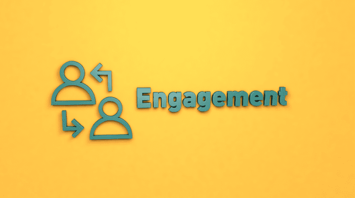 Two anonymous pawns with arrow in between with the word engagement on a yellow background